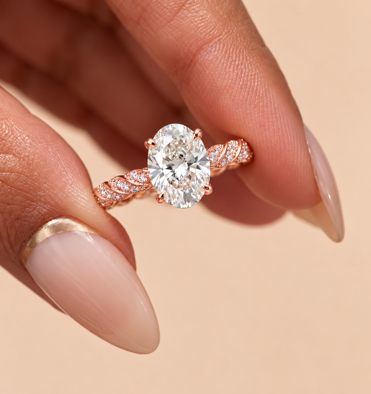2 Carat Oval Cut Moissanite Ring with Twisted Pavé Band