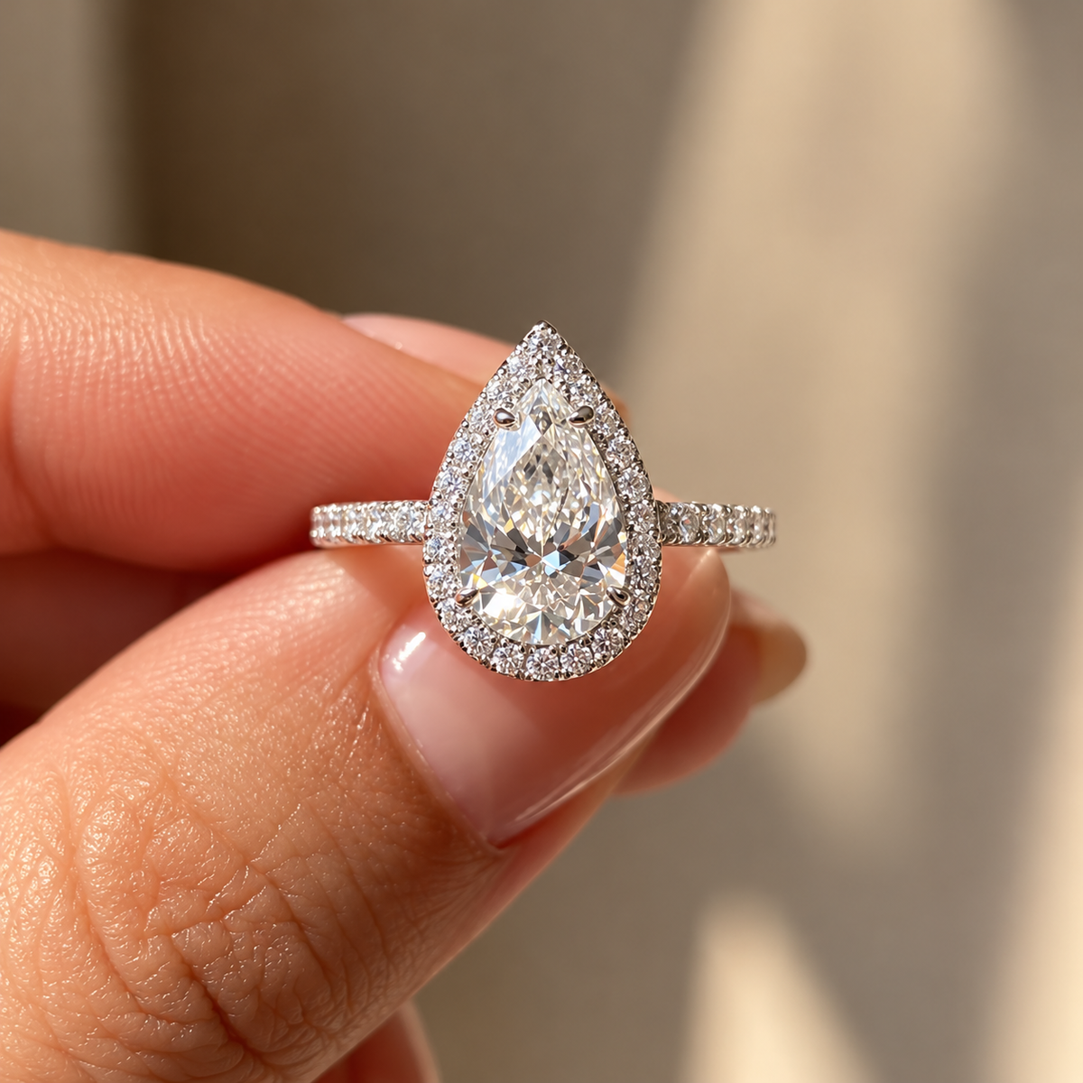 2 Carat Pear Cut Halo Moissanite Ring with Pavé Band