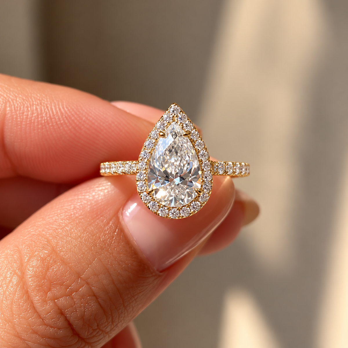2 Carat Pear Cut Halo Moissanite Ring with Pavé Band