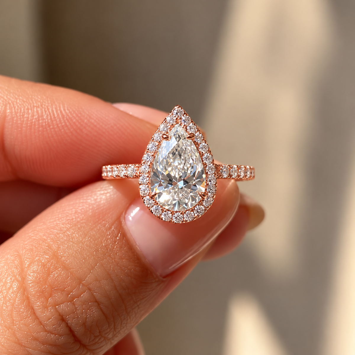2 Carat Pear Cut Halo Moissanite Ring with Pavé Band