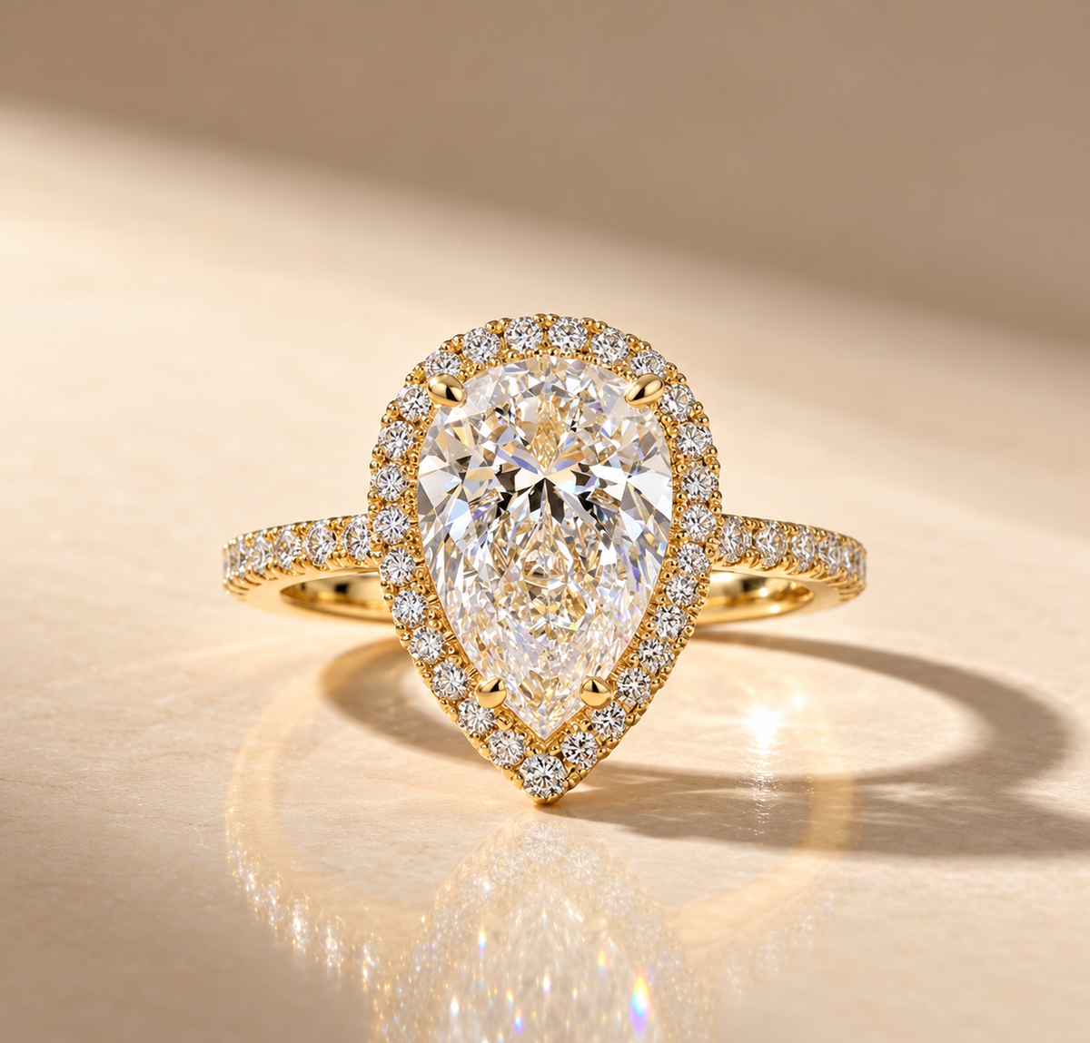 2 Carat Pear Cut Halo Moissanite Ring with Pavé Band
