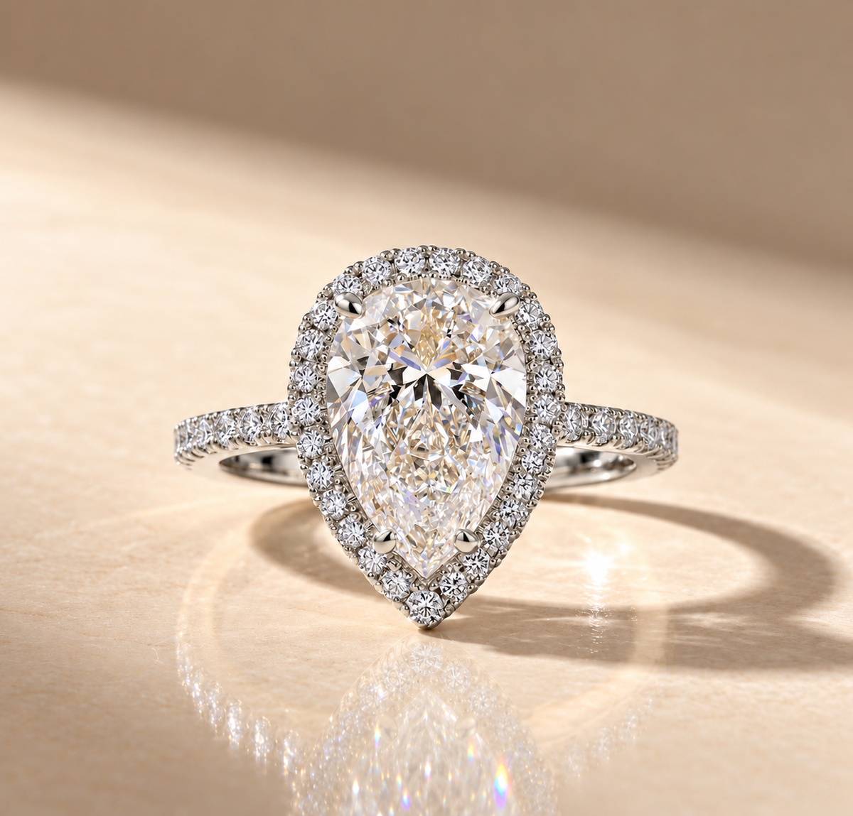 2 Carat Pear Cut Halo Moissanite Ring with Pavé Band