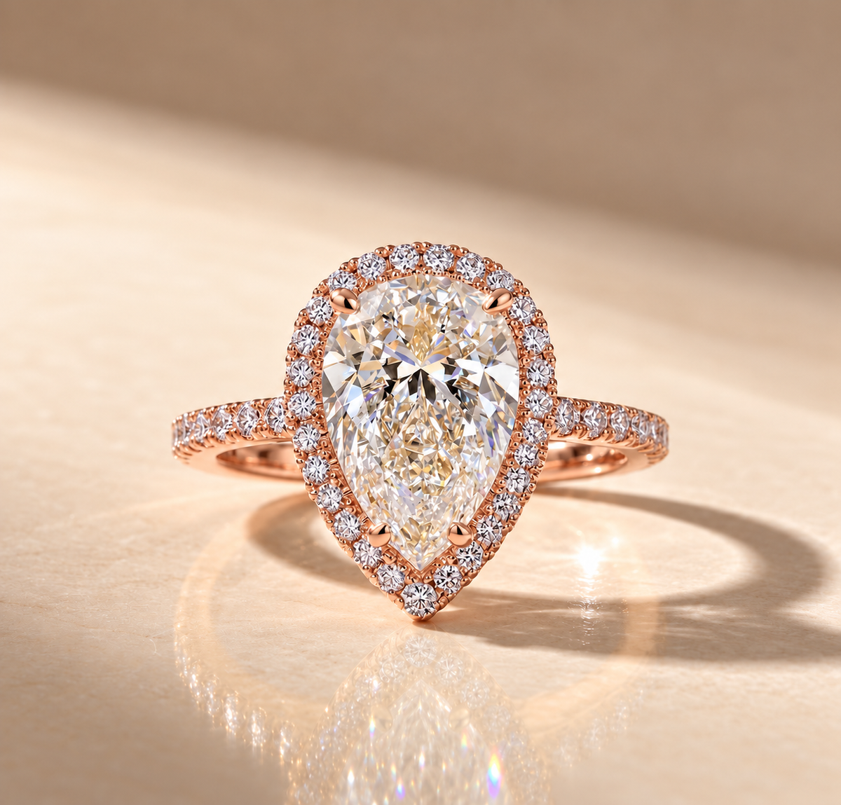 2 Carat Pear Cut Halo Moissanite Ring with Pavé Band