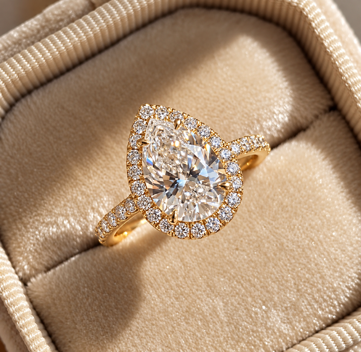 2 Carat Pear Cut Halo Moissanite Ring with Pavé Band