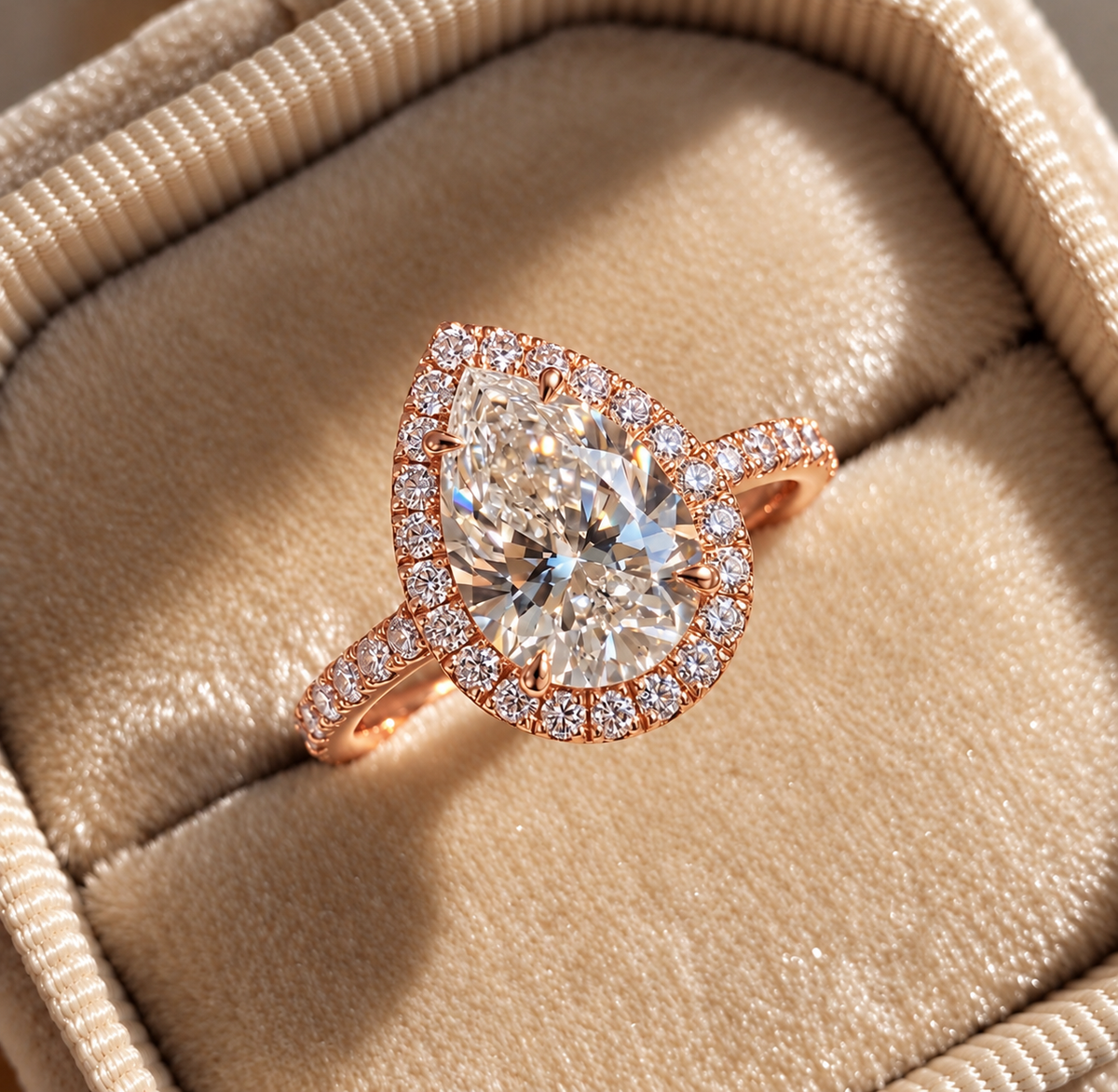 2 Carat Pear Cut Halo Moissanite Ring with Pavé Band