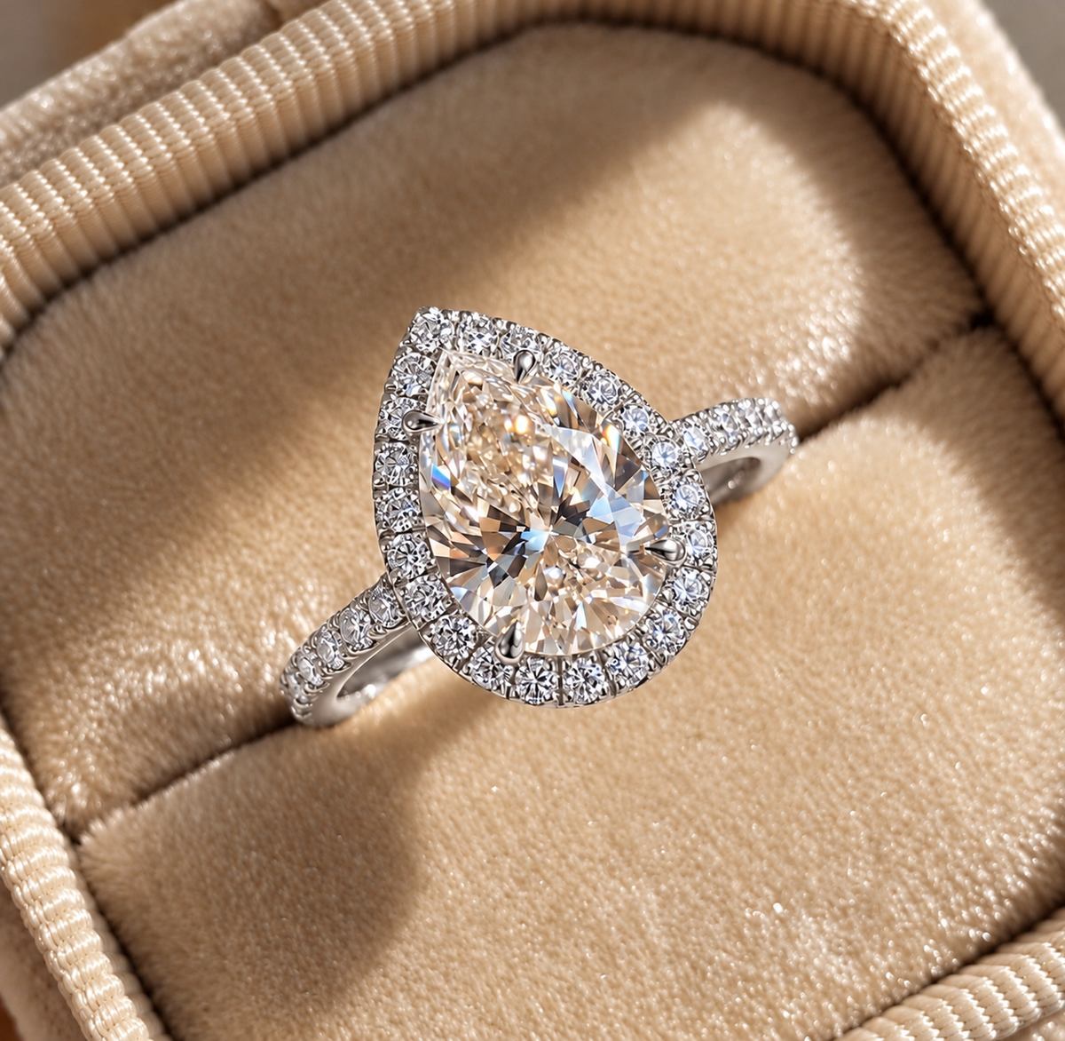 2 Carat Pear Cut Halo Moissanite Ring with Pavé Band