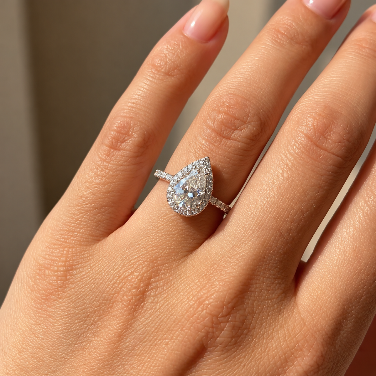 2 Carat Pear Cut Halo Moissanite Ring with Pavé Band