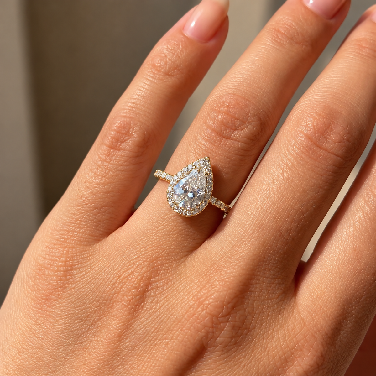2 Carat Pear Cut Halo Moissanite Ring with Pavé Band