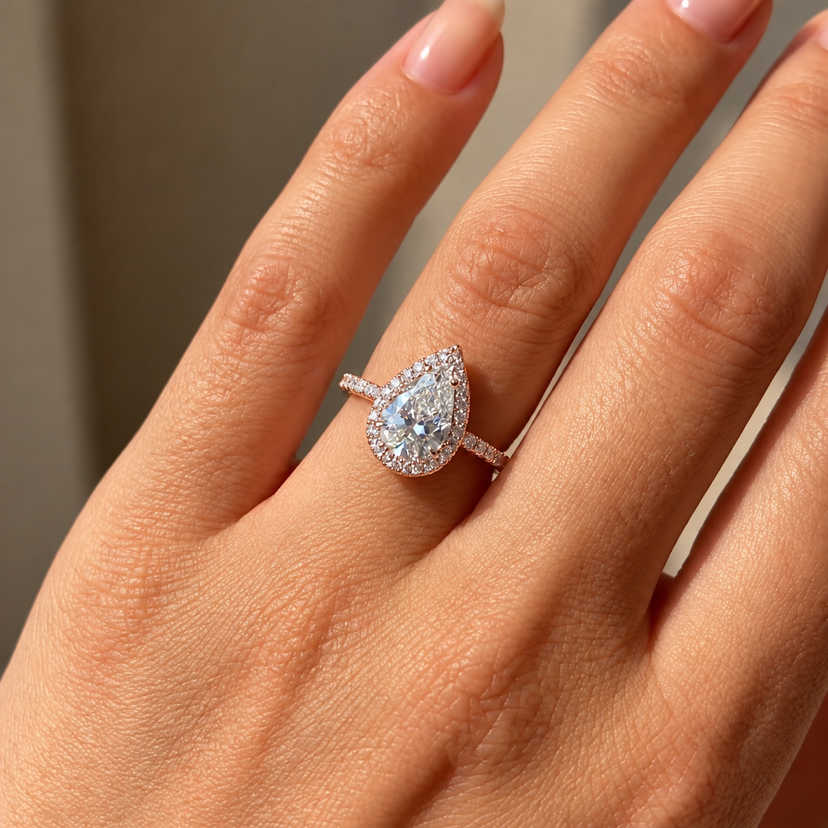 2 Carat Pear Cut Halo Moissanite Ring with Pavé Band