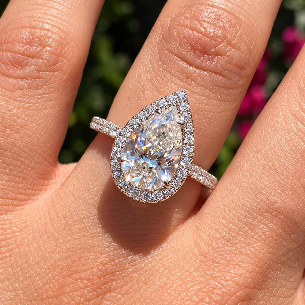 2 Carat Pear Cut Halo Moissanite Ring with Pavé Band