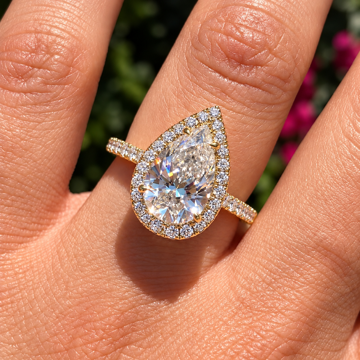 2 Carat Pear Cut Halo Moissanite Ring with Pavé Band