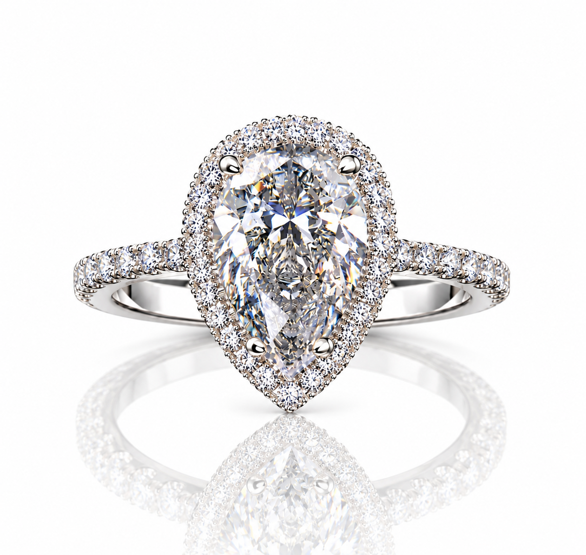 2 Carat Pear Cut Halo Moissanite Ring with Pavé Band