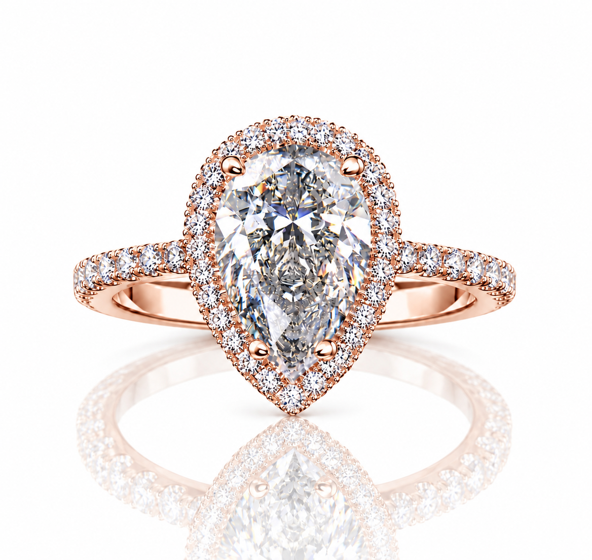 2 Carat Pear Cut Halo Moissanite Ring with Pavé Band