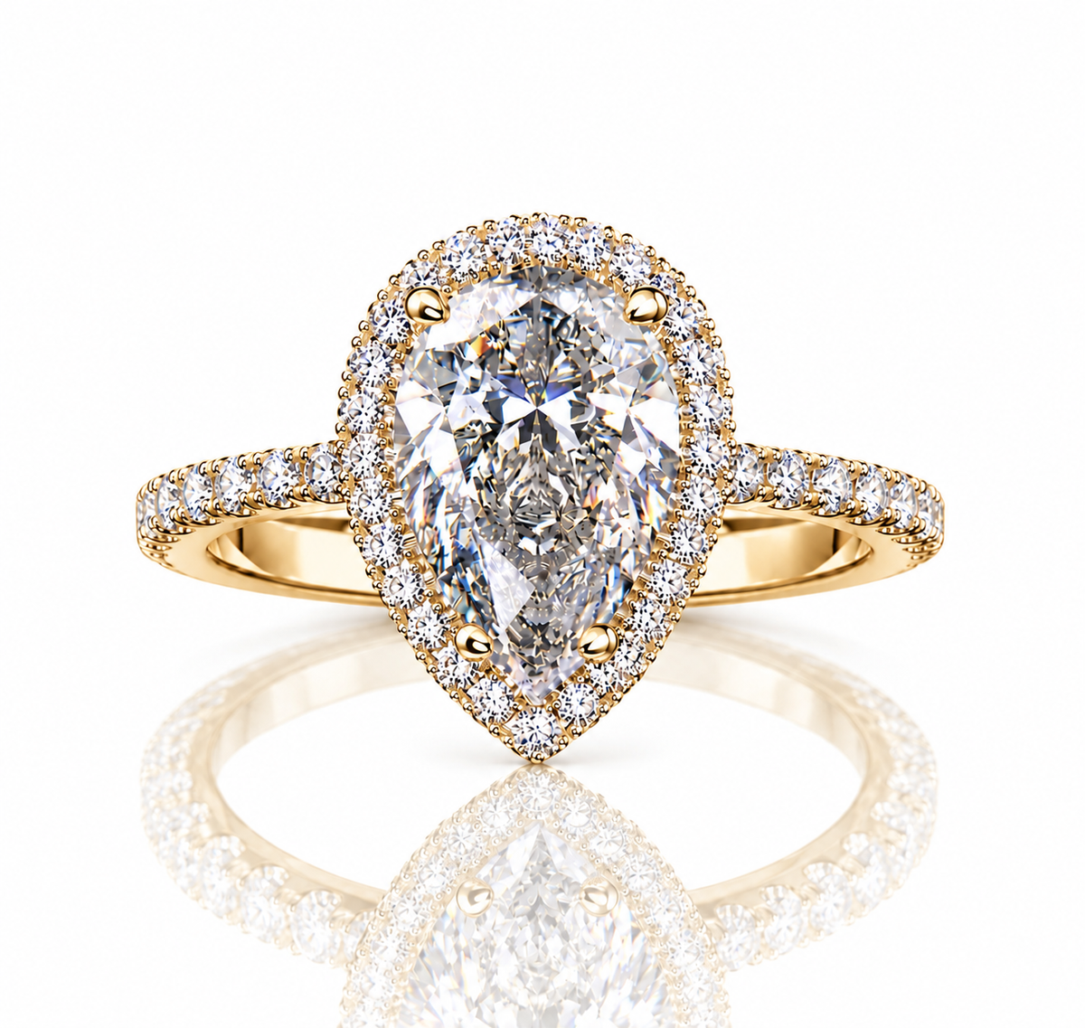 2 Carat Pear Cut Halo Moissanite Ring with Pavé Band