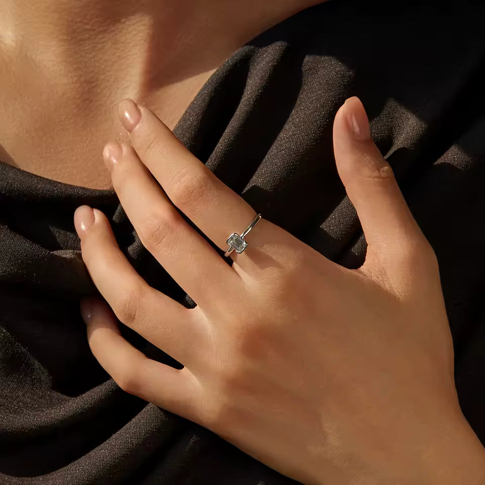 Petite Emerald Cut Solitaire Moissanite Ring