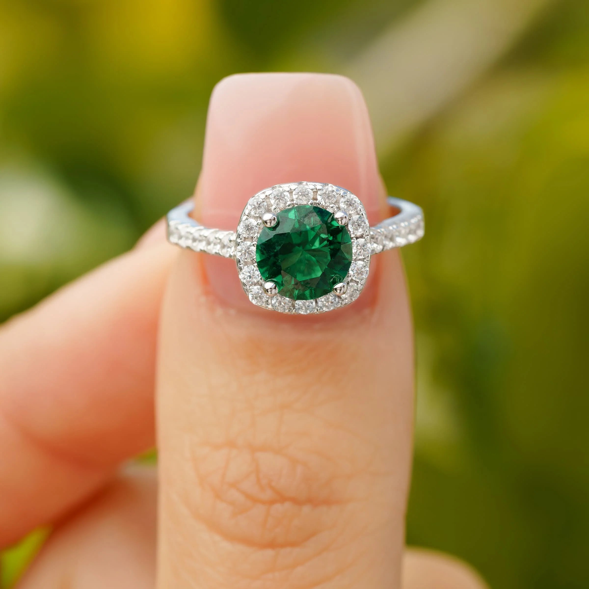 1.5 Carat Simulated Emerald Round Cut Halo Engagement Ring