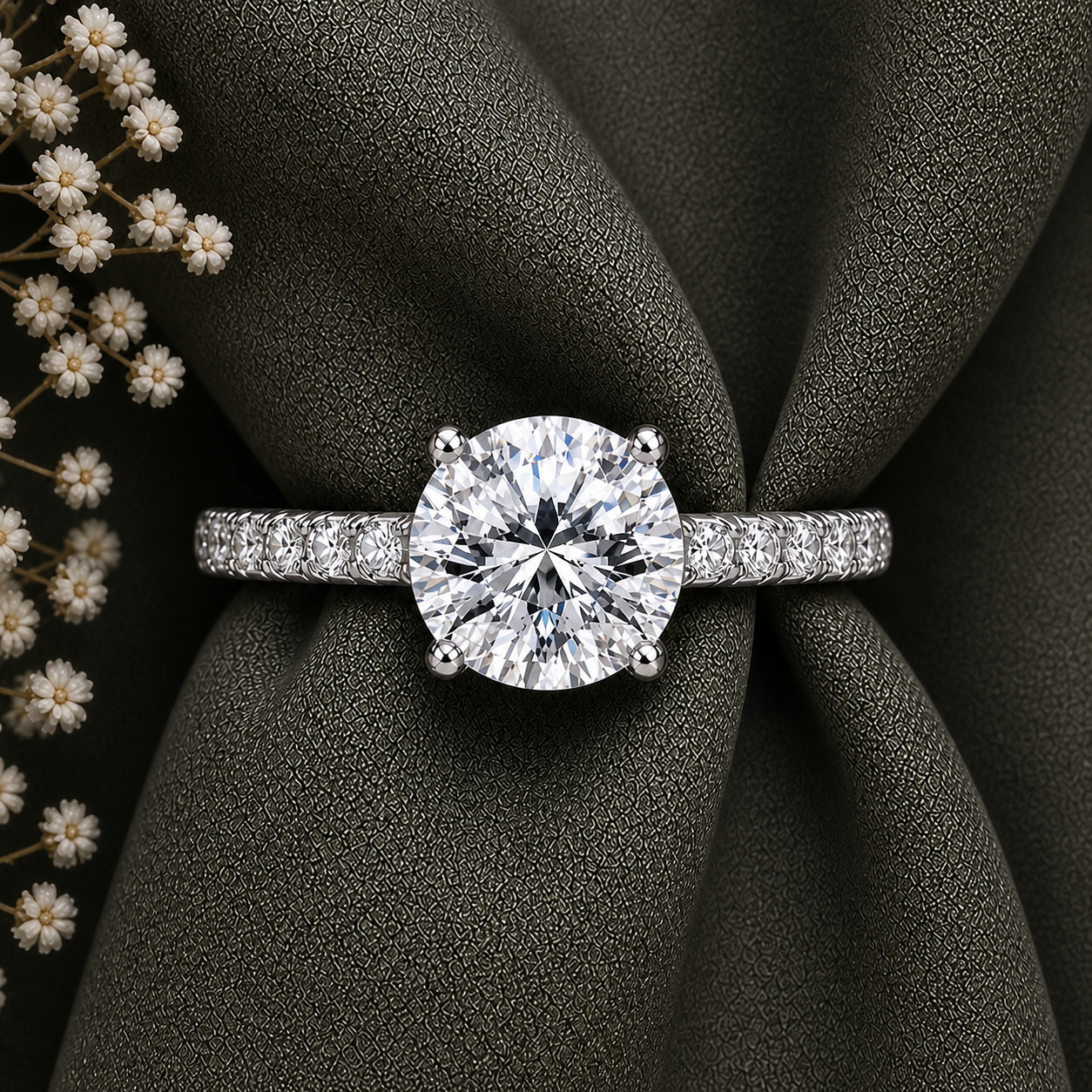 Round Cut Moissanite Ring with Pavé Band
