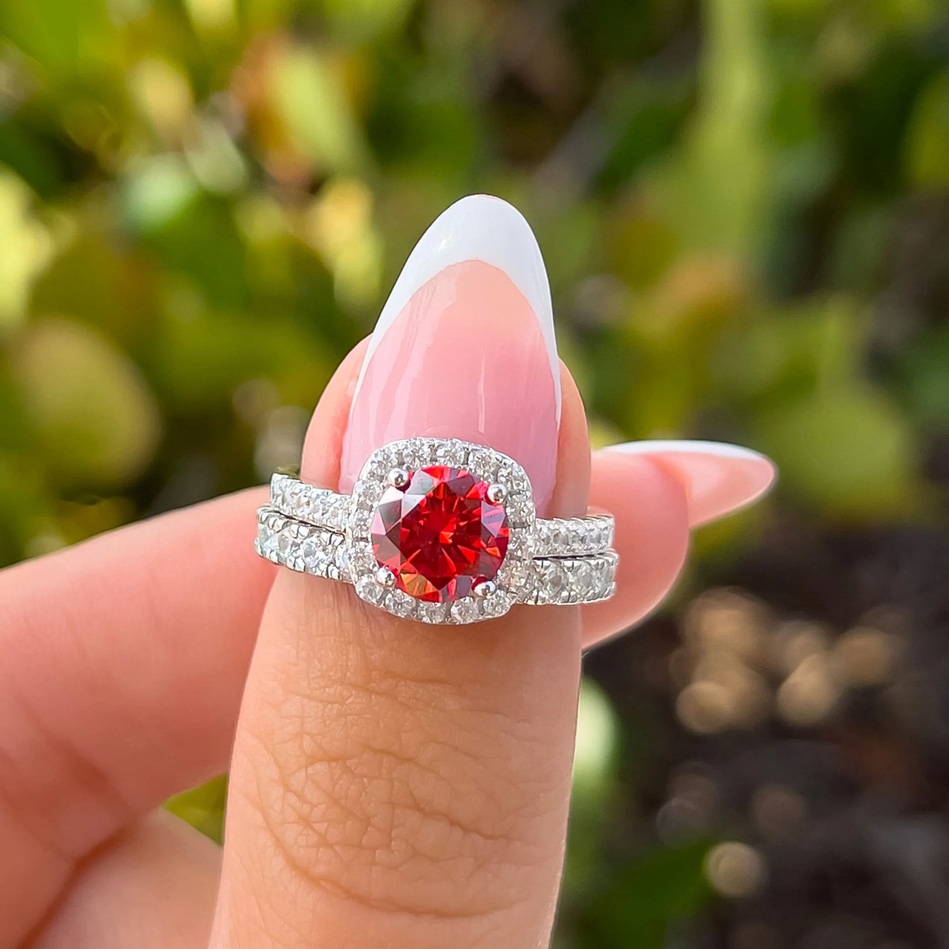 Simulated Ruby Round Halo Engagement Ring