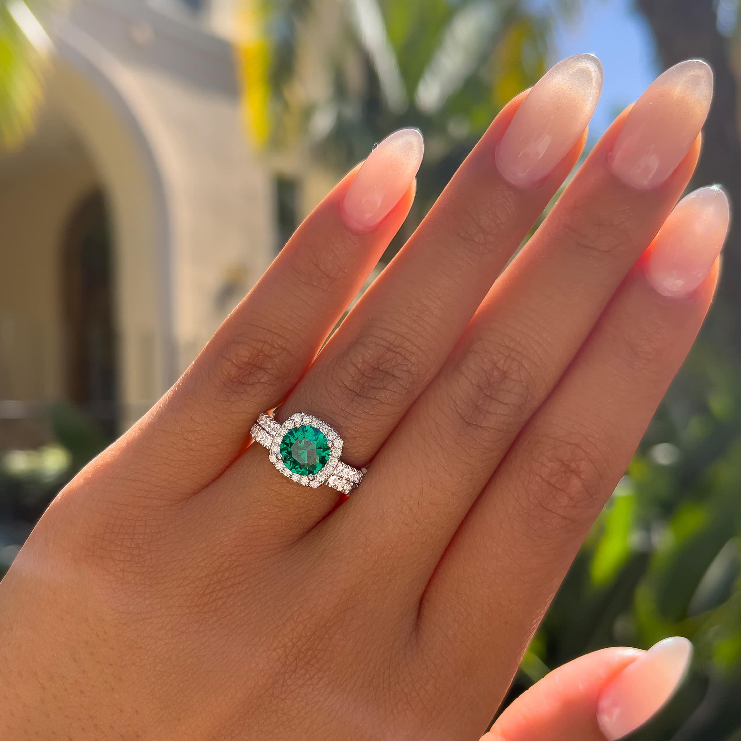 1.5 Carat Simulated Emerald Round Cut Halo Engagement Ring