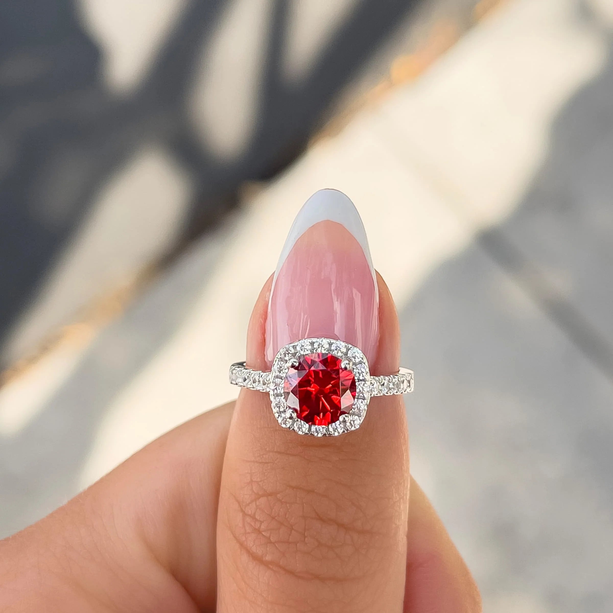 Simulated Ruby Round Halo Engagement Ring